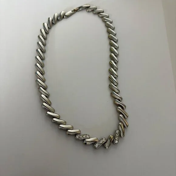 Silver Tone Rhinestone Accent Slant Bar Link Necklace Elegant Classic 17 in - Picture 4 of 8